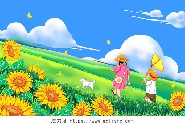 夏天夏季暑假儿童向日葵山林捕捉蝴蝶玩耍卡通